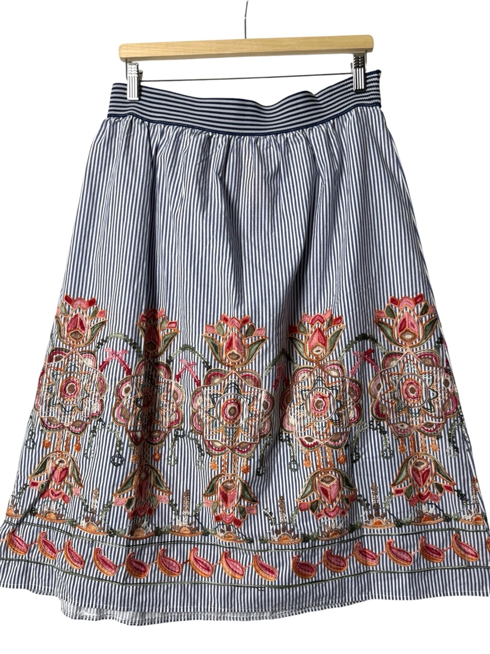 Magic Striped Embroidered Floral Peasant Midi Skirt L/XL